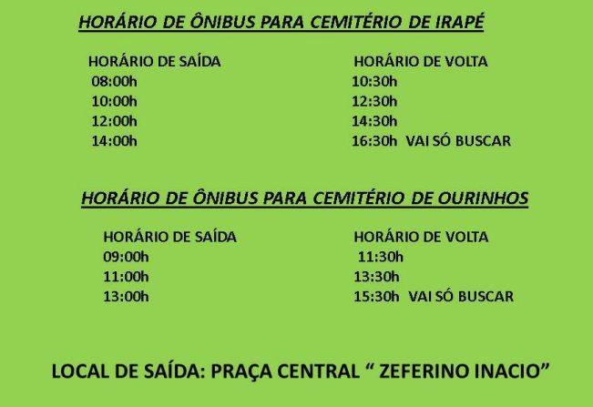 Horario de saída para Cemiterios da região